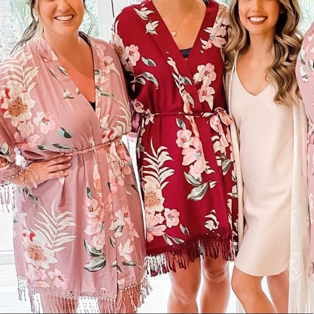 Tropical Red Floral Kimono/Cover Up/robe with fringes